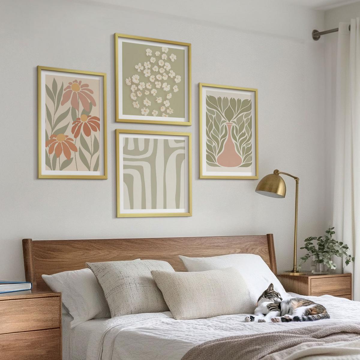 BILDER SET 4er Set - 50x50 cm & 40x60 cm Goldrahmen - Floraler minimalistischer Boho-Stil - Goldfarben, Kunststoff (50/50cm) - TULUP