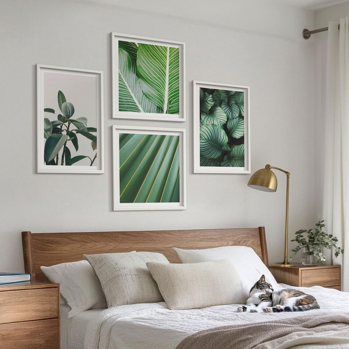 BILDER SET 4er Set - 50x50 cm & 40x60 cm Weißer Rahmen - Tropische Blätter in Grün - Weiß, Kunststoff (50/50cm) - TULUP