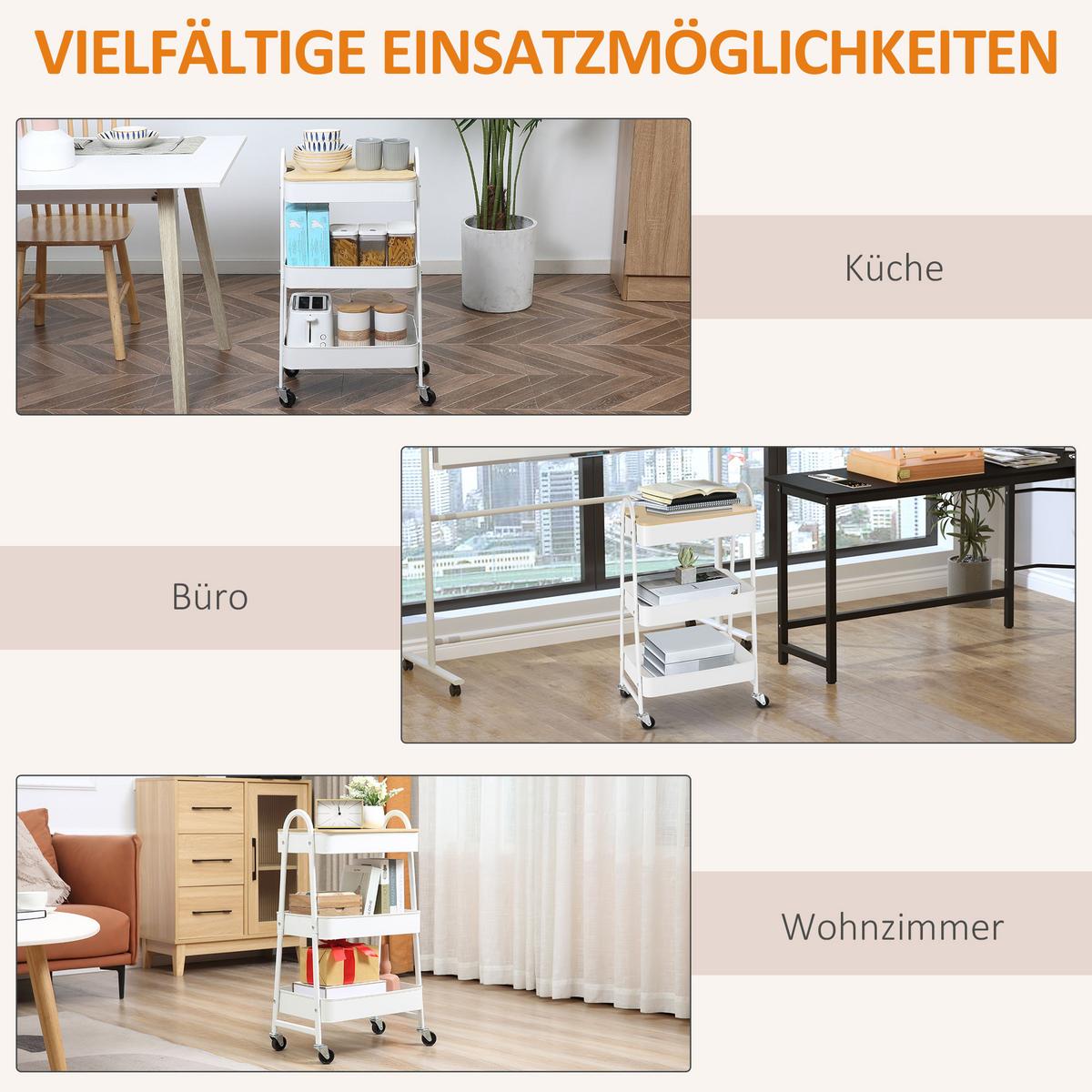 KÜCHENWAGEN 3-Etagen Aufbewahrungswagen Servierwagen Küchenregal mit Rollen Weiß - Weiß, Metall (31/79.4/45cm) - HOMCOM