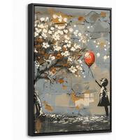 LEINWAND Bilder mit Rahmen - Baum - Graffiti - Banksy-Stil - Ballon-Mädchen - 20x30 - Blaugrau, Textil (20/30cm) - MuchoWow