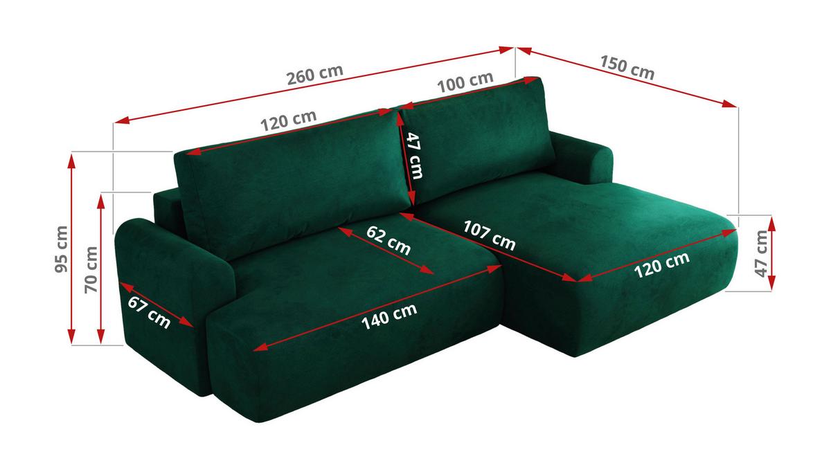 ECKSCHLAFSOFA TONO L Dunkelgrün Velvet - rechts - Dunkelgrün/Schwarz, Kunststoff/Textil (150/260cm) - MKS