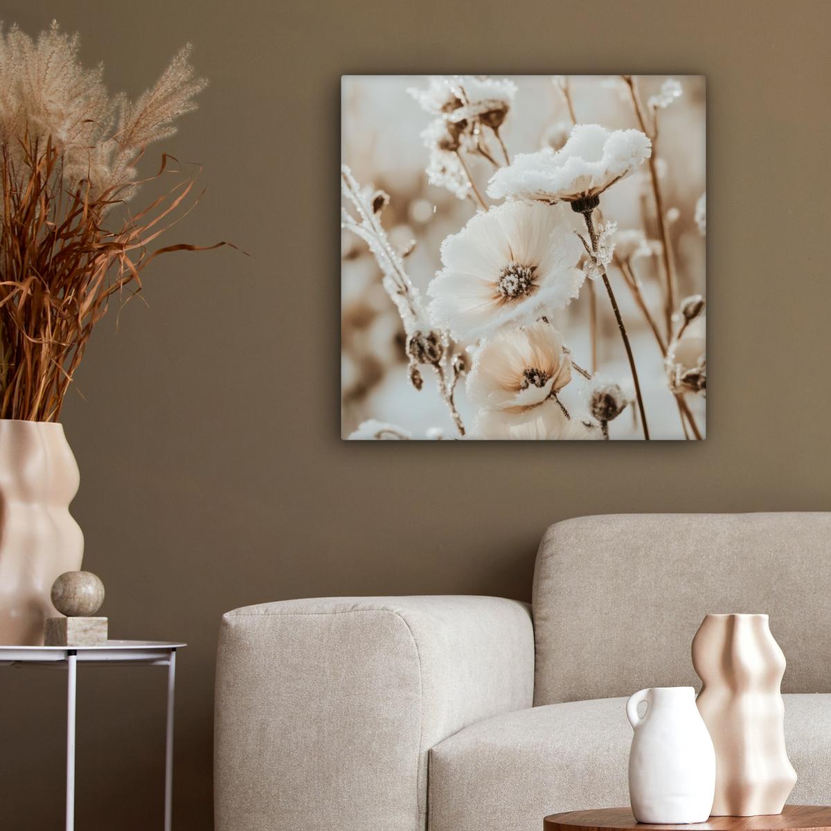 LEINWANDBILD Blumen - Winter - Weiß - Schnee - Beige Wandbild Wohnzimmer 50x50 cm - Creme, Textil (50/50cm) - MuchoWow