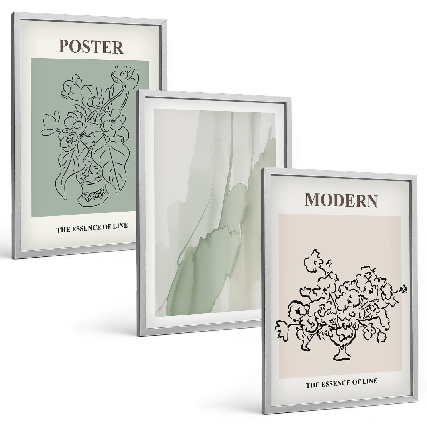 BILDER SET 3er Set - 40x60 cm Silberner Rahmen - Blumen in einer modernen Vase - Silberfarben, Kunststoff (40/60cm) - TULUP