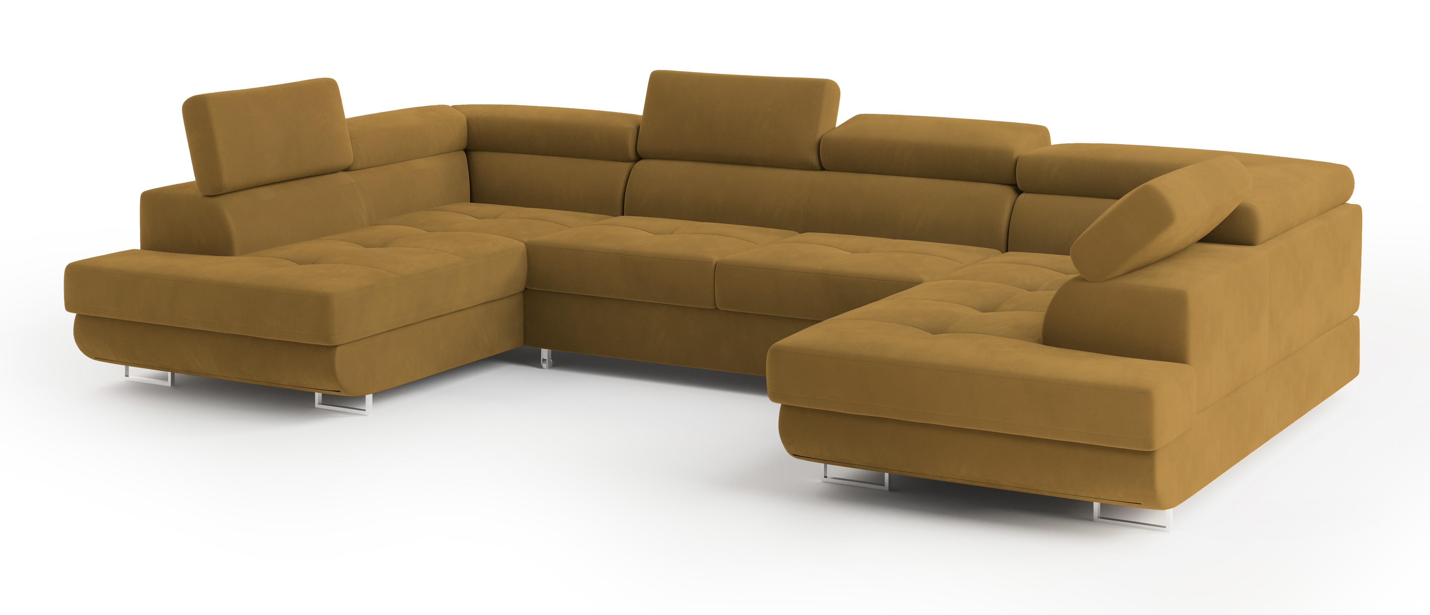 WOHNLANDSCHAFT RAGGIO Gelb Velours-Stoff mit Schlaffunktion - Gelb, Holz (336/90/202cm) - MASSENO