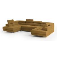 WOHNLANDSCHAFT RAGGIO Gelb Velours-Stoff mit Schlaffunktion - Gelb, Holz (336/90/202cm) - MASSENO
