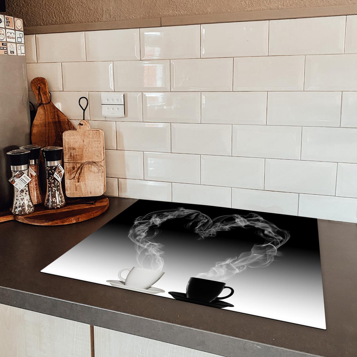 HERDABDECKPLATTE Kaffee - Herz - Schwarz und weiß - Tassen Herdabdeckung Induktionsfeld 65x52 cm - Weiß, Kunststoff (65/52/0.2cm) - MuchoWow