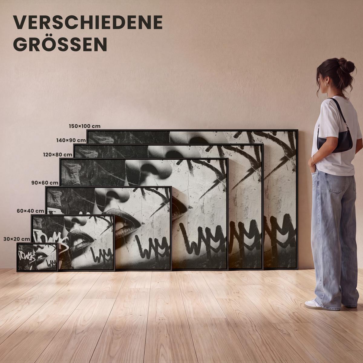 LEINWAND Bilder mit Rahmen - Gesicht - Mund - Graffiti - Schwarz - 60x40 - Schwarz, Textil (60/40cm) - MuchoWow