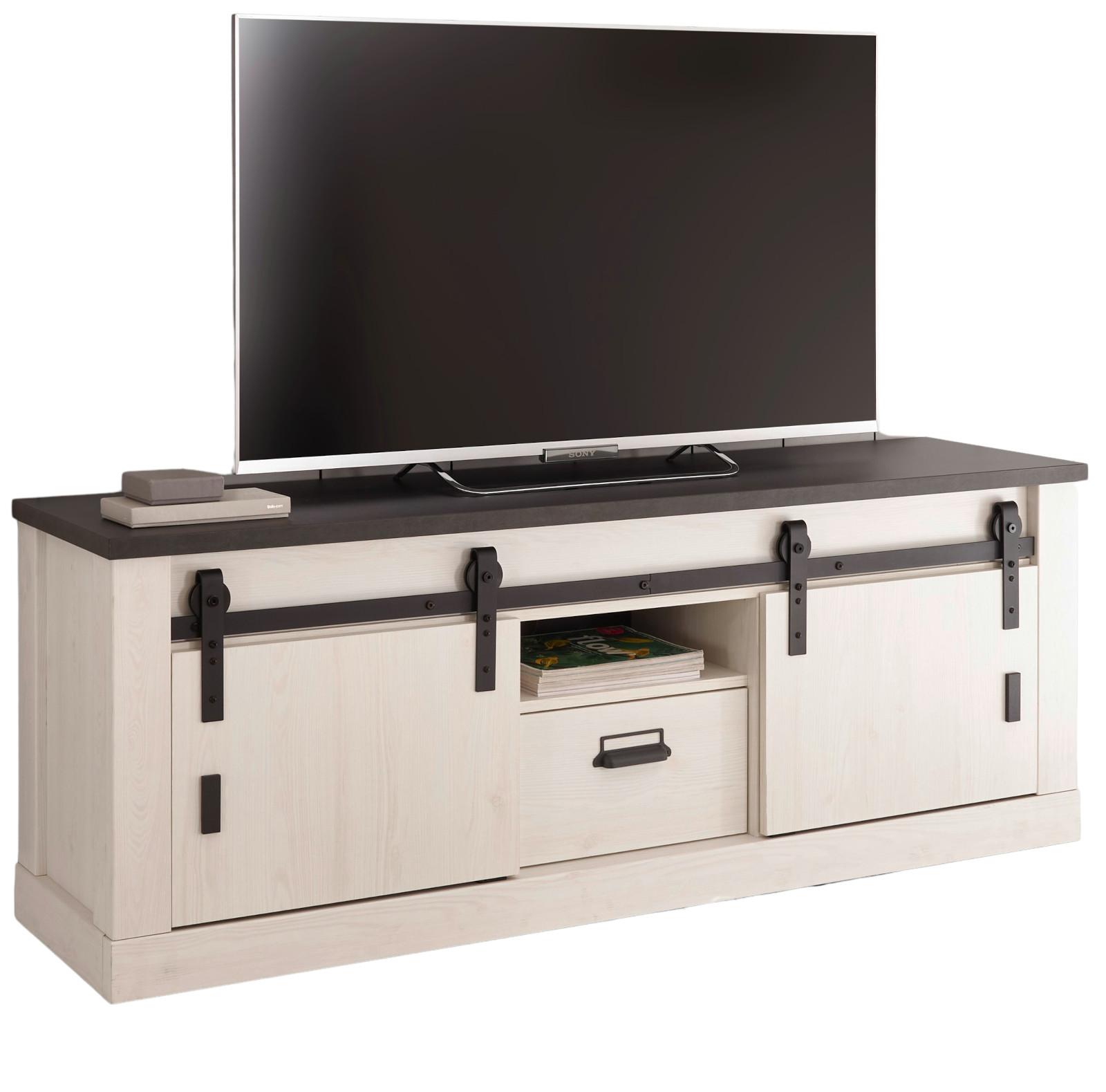 TV-LOWBOARD weiß Pinie, anthrazit, Landhaus, TV Unterteil Komforthöhe 162 x 61 cm - Anthrazit/Weiß, Holzwerkstoff/Metall (162/61/43cm) - Furn.Design