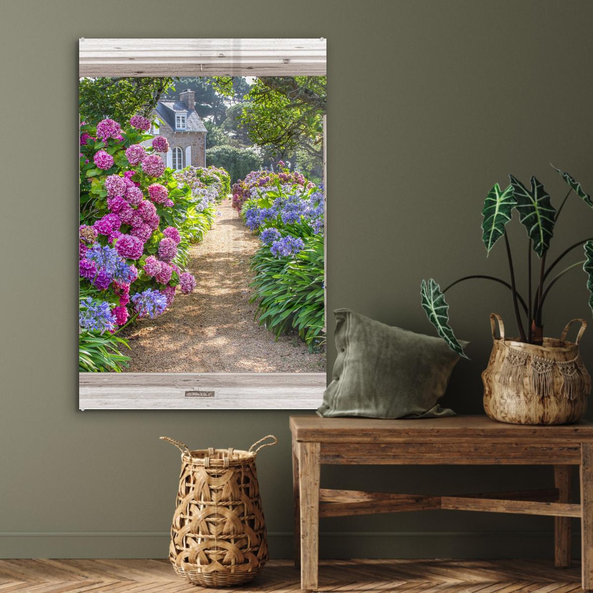 ACRYLGLASBILD Hortensie - Durchsichtig - Blumen - Sommer - Lila - Weg 80x120 cm - Lila, Glas (80/120cm) - MuchoWow