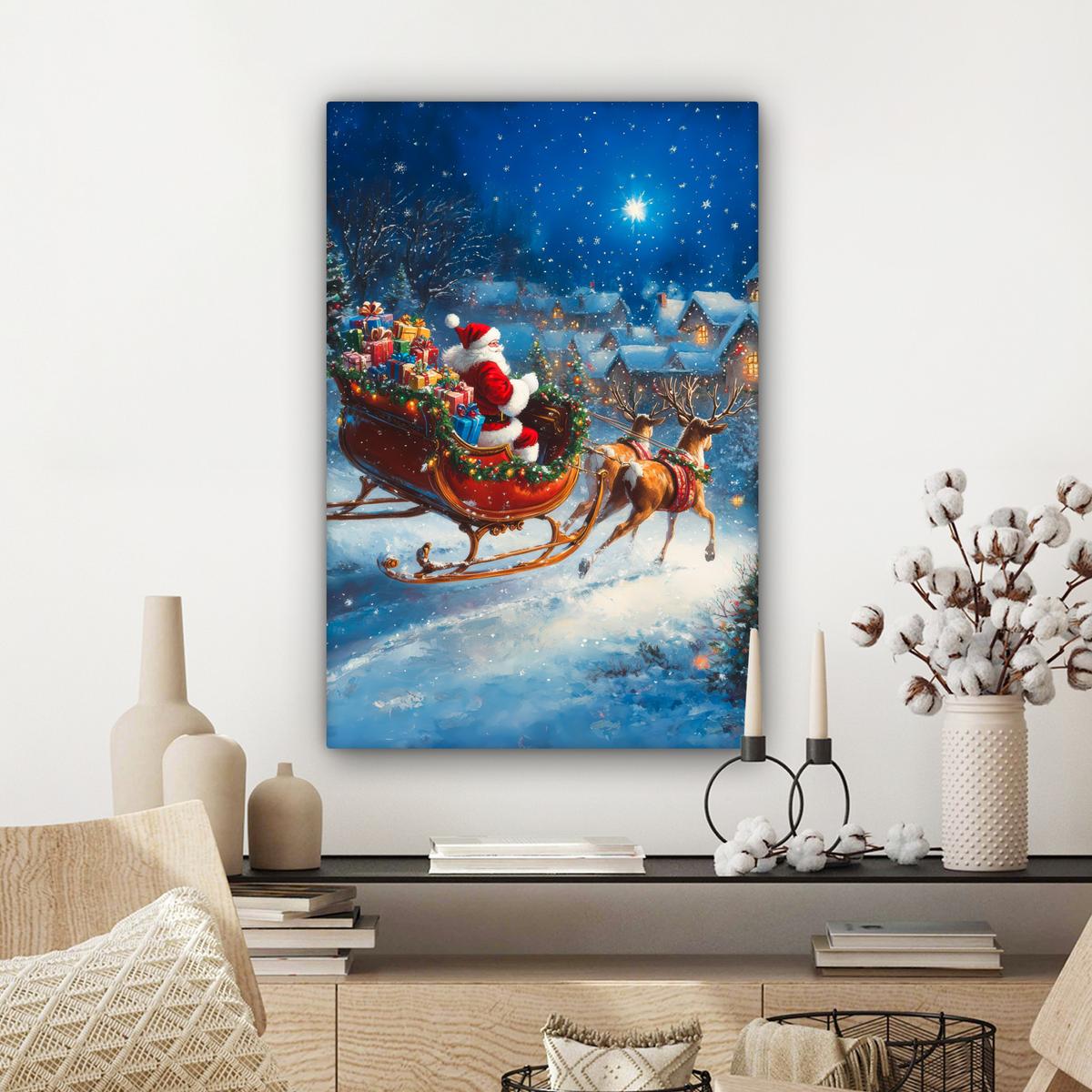 LEINWANDBILD Weihnachtsmann - Rentier - Weihnachten - Schnee Wanddeko 40x60 cm - Cognac, Textil (40/60cm) - MuchoWow