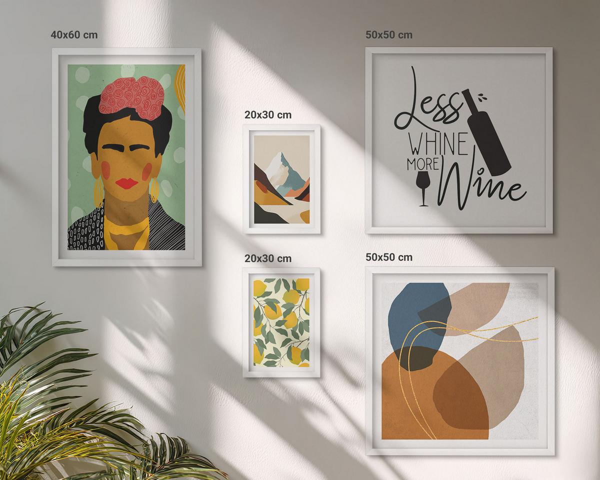 BILDER SET 5er Set - 50x50 cm & 20x30 cm & 40x60 cm Weißer Rahmen - Zitronenweinporträt von Frida - Weiß, Kunststoff (40/60cm) - TULUP
