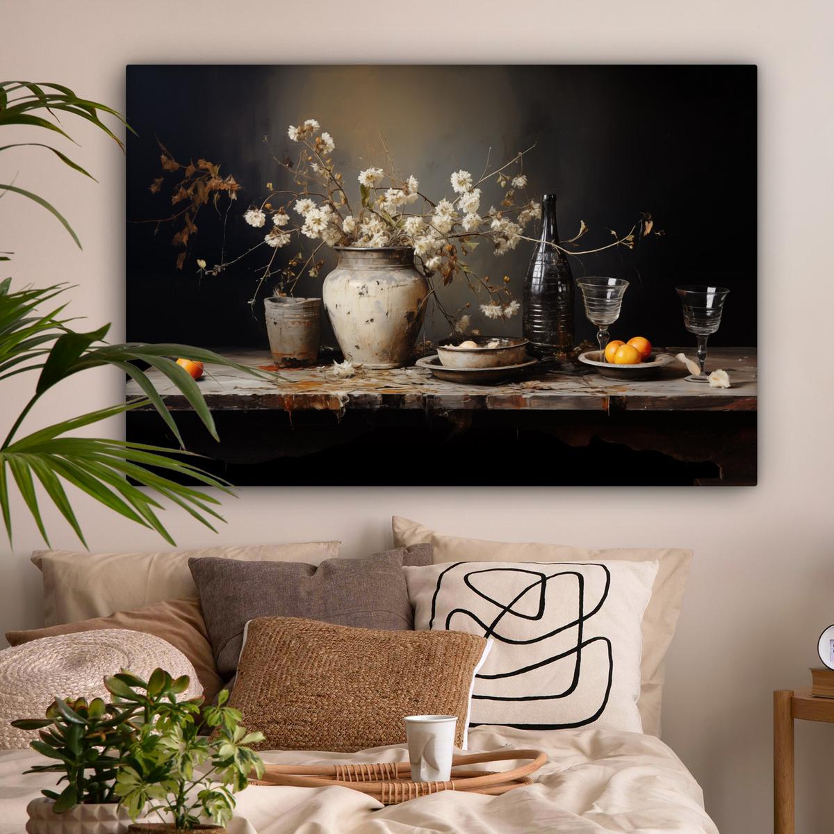 LEINWANDBILD Stilleben - Blumen - Blumenstrauß - Vase - Wein Wohnzimmer Groß 120x80 cm - Schwarz, Textil (120/80cm) - MuchoWow