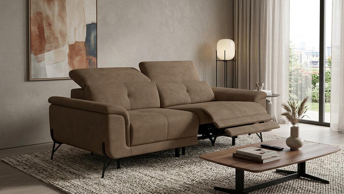 SOFA RELAX AVENA 3-Sitzer, brauner Veloursstoff - Schwarz/Braun, Holz/Textil (204/80/108cm) - Courtois Laville