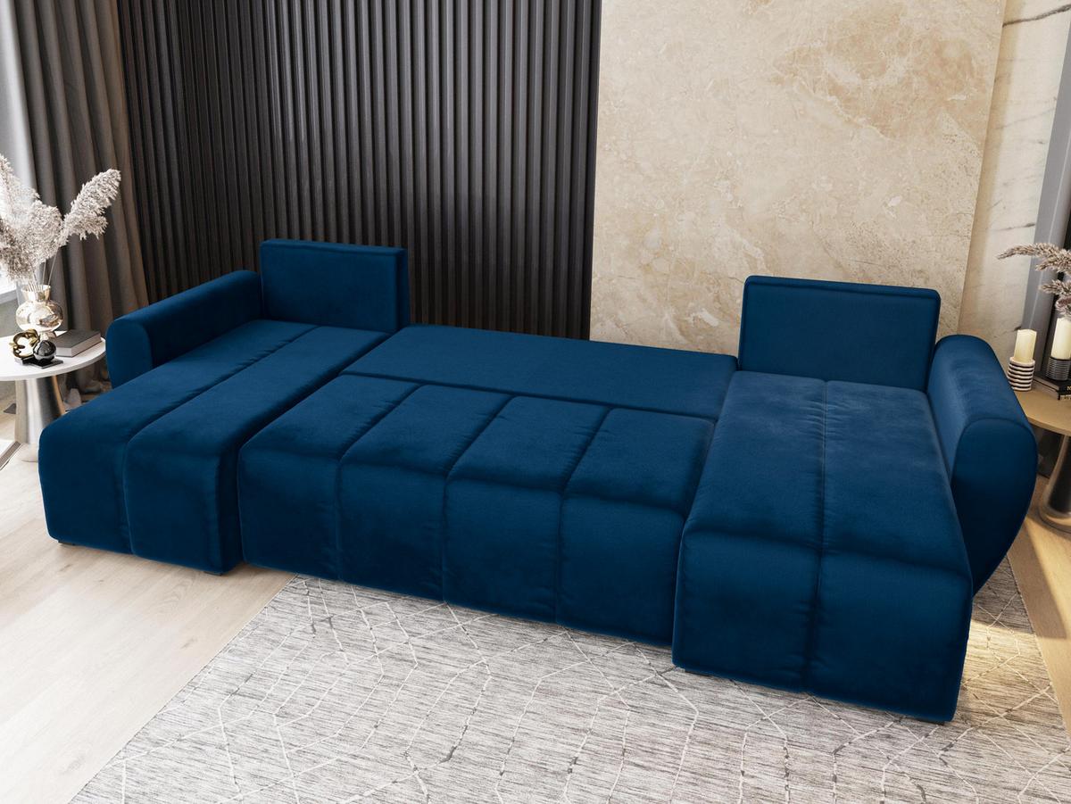 WOHNLANDSCHAFT MADISON U Blau Plüsch-Stoff mit Schlaffunktion - Blau/Schwarz, Holz/Kunststoff (311/82/145cm) - MASSENO