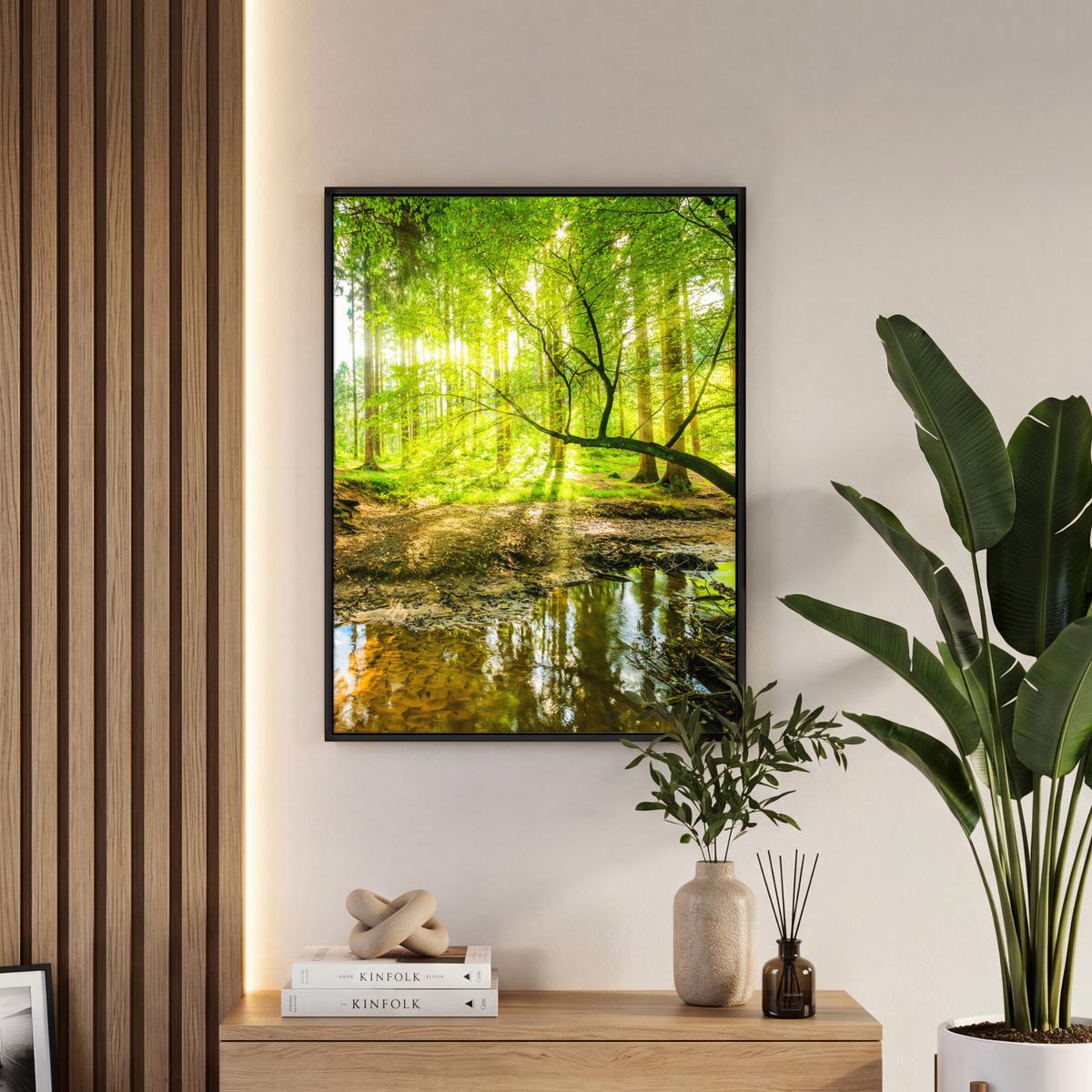 LEINWAND Bilder mit Rahmen - Wald - Landschaft - Wasser - Bäume - Sonne - Grün - Natur - 60x80 - Grün, Textil (60/80cm) - MuchoWow