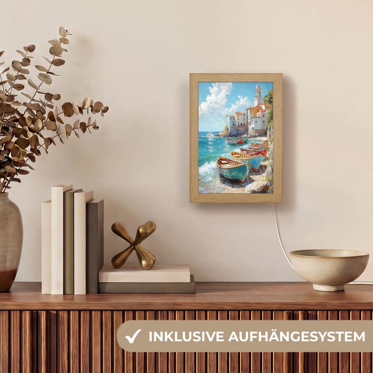 WANDLEUCHTE Boote - Felsen - Meer - Sonne 15x20 cm - Blau, Holzwerkstoff (15/20/8cm) - OnlyWow