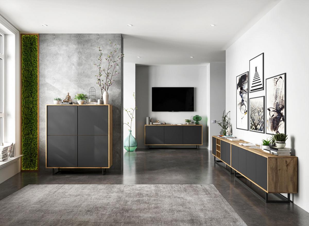 KOMMODE Apollo 4D Eiche wotan Graphit Matt 113 cm - Graphitfarben/Schwarz, Holzwerkstoff/Metall (113/127/35cm) - Meble Lindner