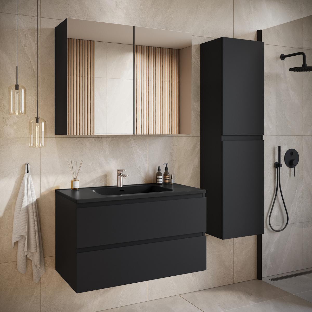 WASCHTISCHKOMBI Angela 2 Teile - Schwarz Matt Mit Schwarzem Waschbecken - 80 x 48 x 52 cm - Schwarz, Holz (80/52/48cm) - Badplaats