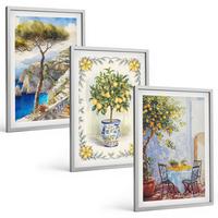 BILDER SET 3er Set - 40x60 cm Silberner Rahmen - Blick auf das Meer aus Zitronenbäumen - Silberfarben, Kunststoff (40/60cm) - TULUP