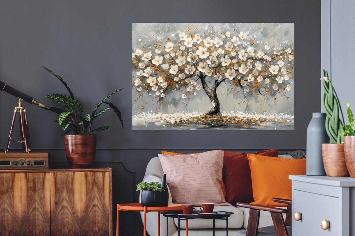 WANDTATTOO Baum - Blumen - Weiß - Natur - Kunst Wandsticker 120x80 cm - Weiß, Kunststoff (120/80/0.1cm) - MuchoWow
