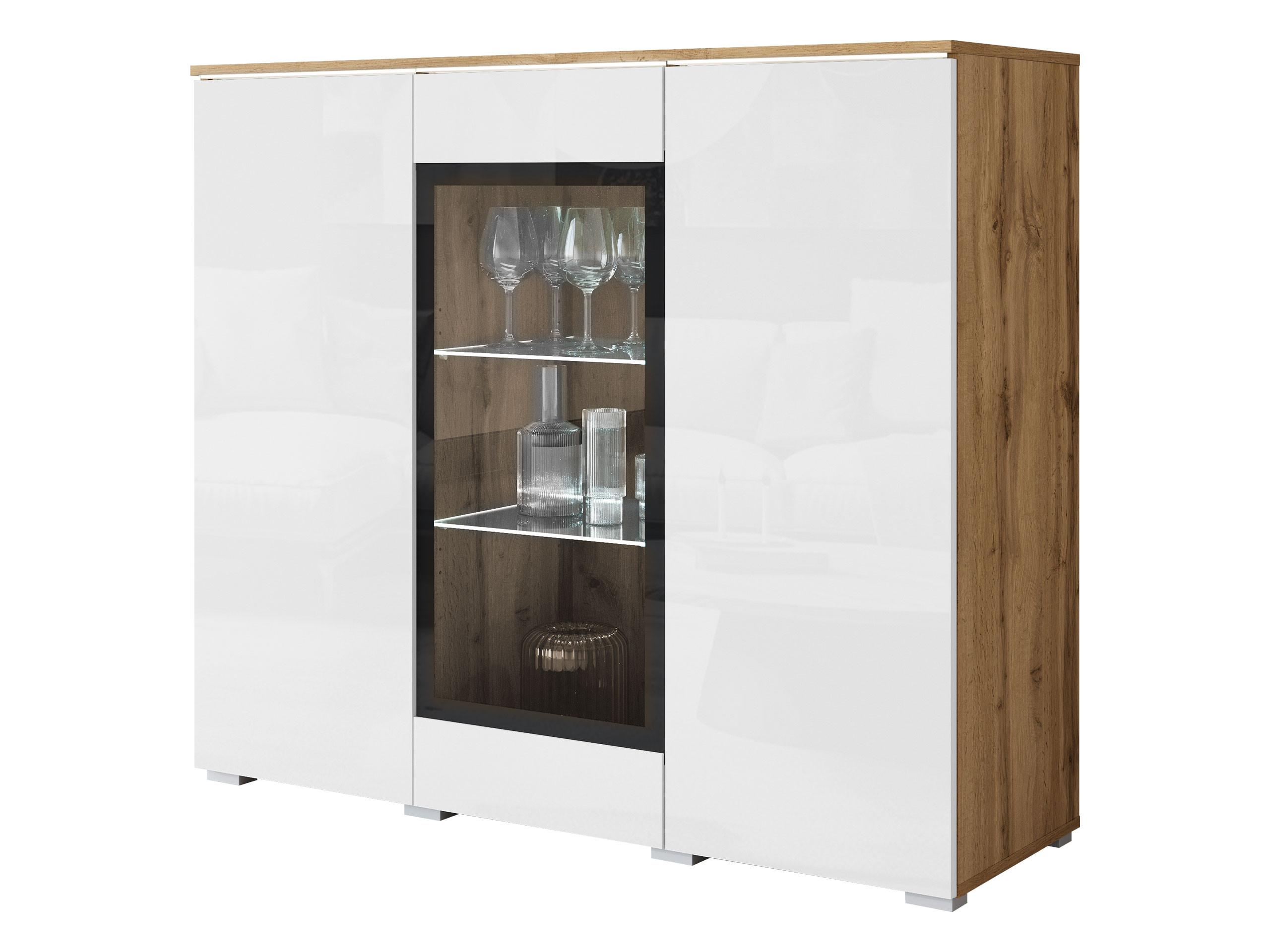 KOMMODE Vera 120 mit weißer LED Beleuchtung - Weiß Hochglanz/Eiche Wotan, Holzwerkstoff/Kunststoff (120/104/40cm) - MIRJAN24
