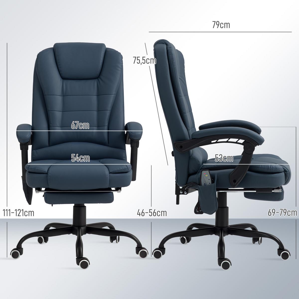 CHEFSESSEL mit 7 Punkt Massage, ergonomischer Chefsessel mit Liegefunktion - Blau/Schwarz, Kunststoff/Metall (67/121/67cm) - Vinsetto