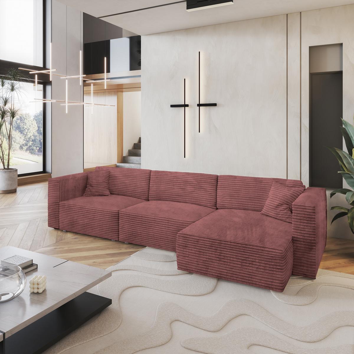 ECKSOFA TOLMO Rosa Kordstoff mit Schlaffunktion - Rosa/Grau, Holz/Kunststoff (347/148cm) - MASSENO