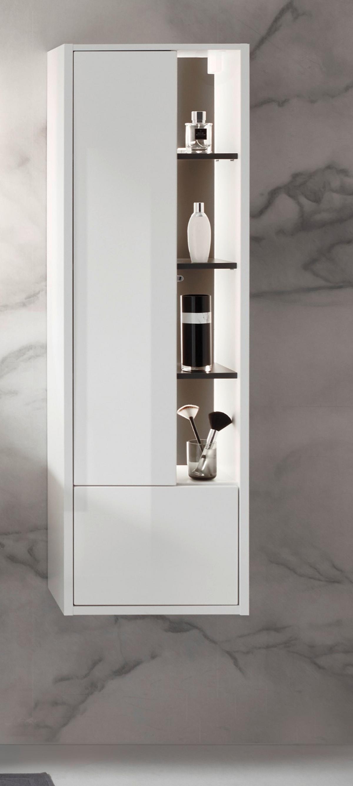 BADSCHRANK weiß Hochglanz, grau, Badezimmer Hochschrank inklusive Beleuchtung - Weiß Hochglanz/Grau, Holzwerkstoff (45/150/30cm) - Furn.Design