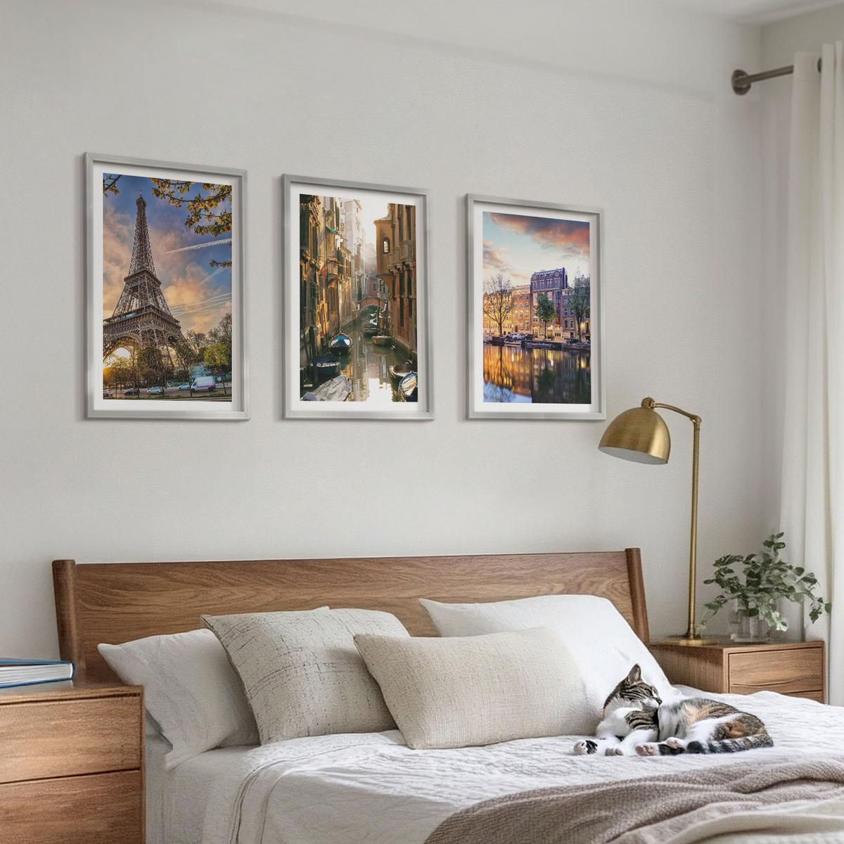 BILDER SET 3er Set - 40x60 cm Silberner Rahmen - Eiffelturm Venedig Amsterdamer Kanäle - Silberfarben, Kunststoff (40/60cm) - TULUP