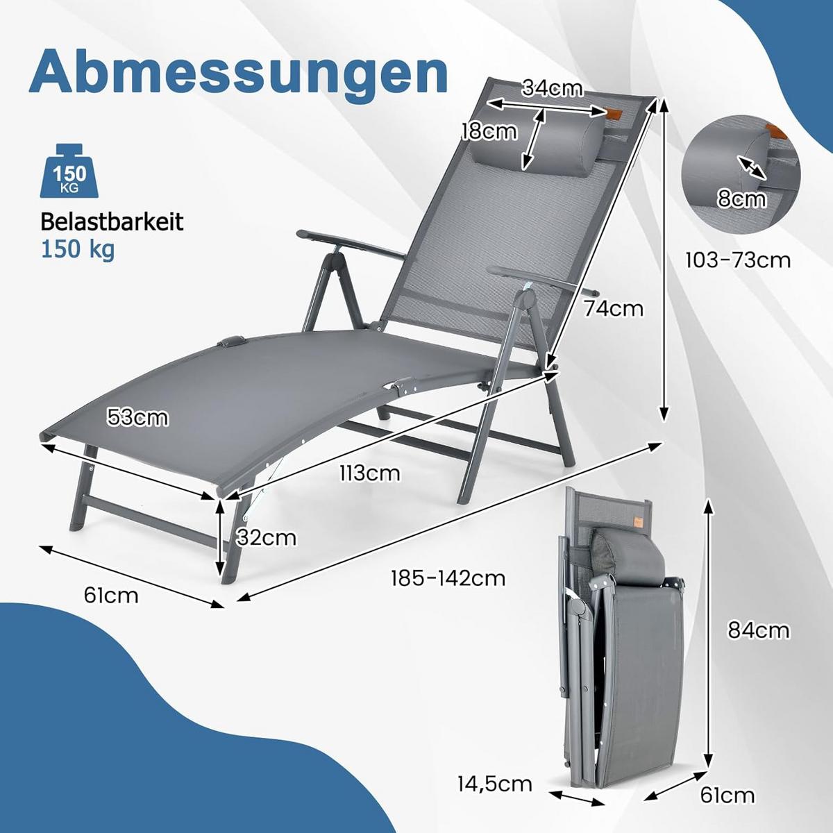 GARTENLIEGE Grau - Grau, Textil (185/73/61cm) - COSTWAY