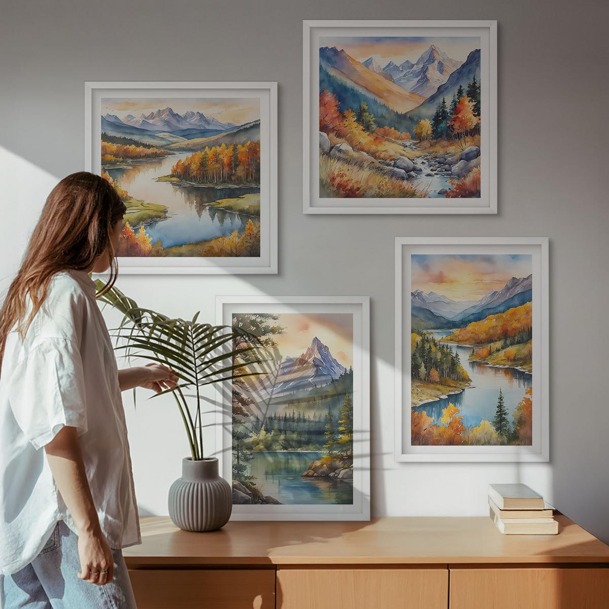 BILDER SET 4er Set - 50x50 cm & 40x60 cm Weißer Rahmen - Berglandschaften mit einem Fluss - Weiß, Kunststoff (50/50cm) - TULUP
