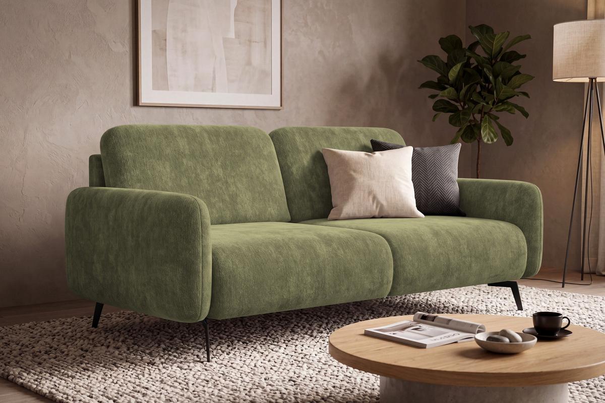 SOFA FEBE 3-Sitzer, olivgrüner Chenille-Stoff - Schwarz/Olivgrün, Holz/Textil (190/82/96cm) - Wozimo