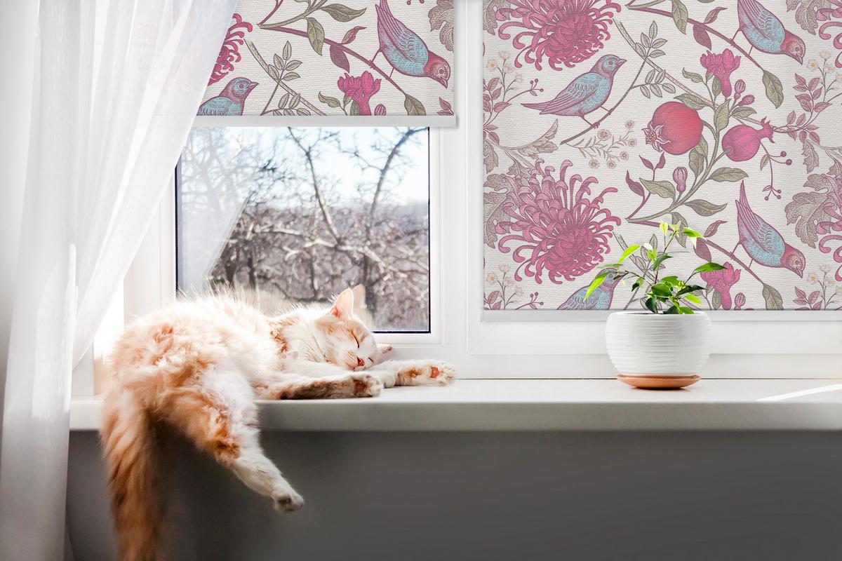 INNENROLLO - Fensterrollo - Rollo - 100x140 cm - Bunte Vögel zwischen den Blumen - Rot, Kunststoff (100/140/0.5cm) - TULUP