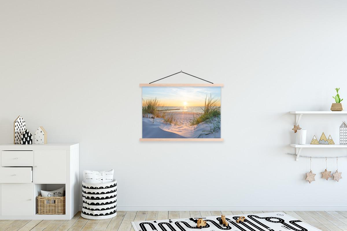 POSTER MIT MAGNETLEISTEN Strand - Sonne - Düne - Gras - Sand - Horizont Wanddeko 90x60 cm - Hellblau, Textil (90/60/0.15cm) - MuchoWow