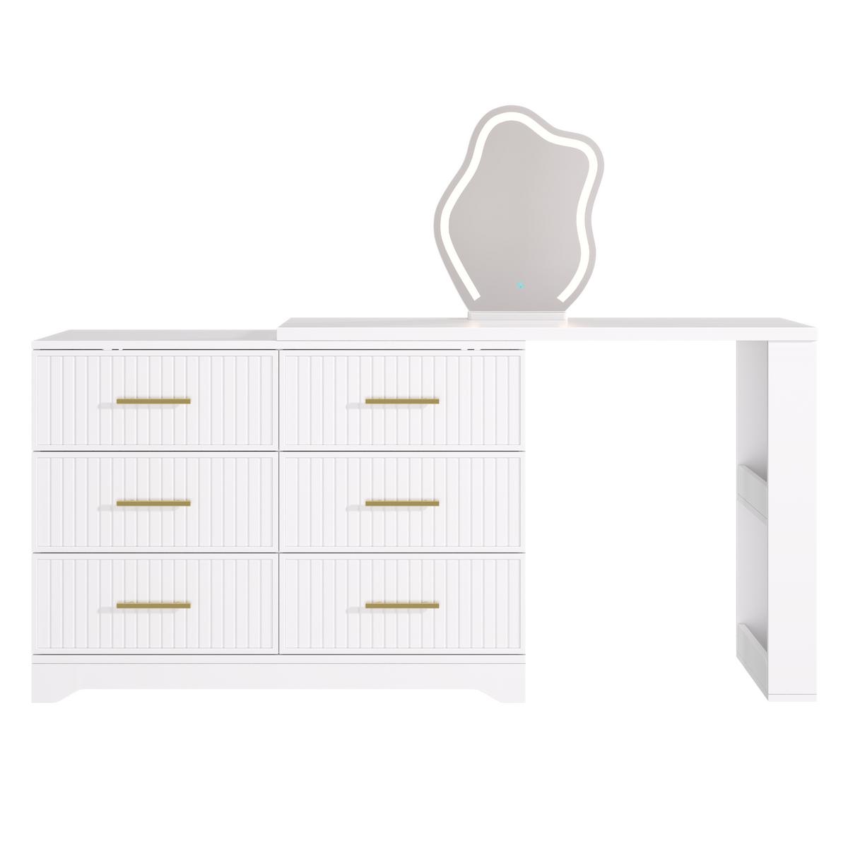 SCHMINKTISCH Drehbar L-Form Weiß Gold LED-Spiegel 6 Schubladen - Weiß, Holzwerkstoff (110/129/40cm) - Urban Meuble