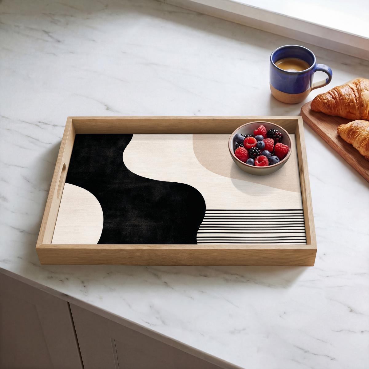 TABLETT Abstrakt - Japandi - Beige - Modern 50x35 cm - Schwarz, Holz (50/5/5cm) - OnlyWow