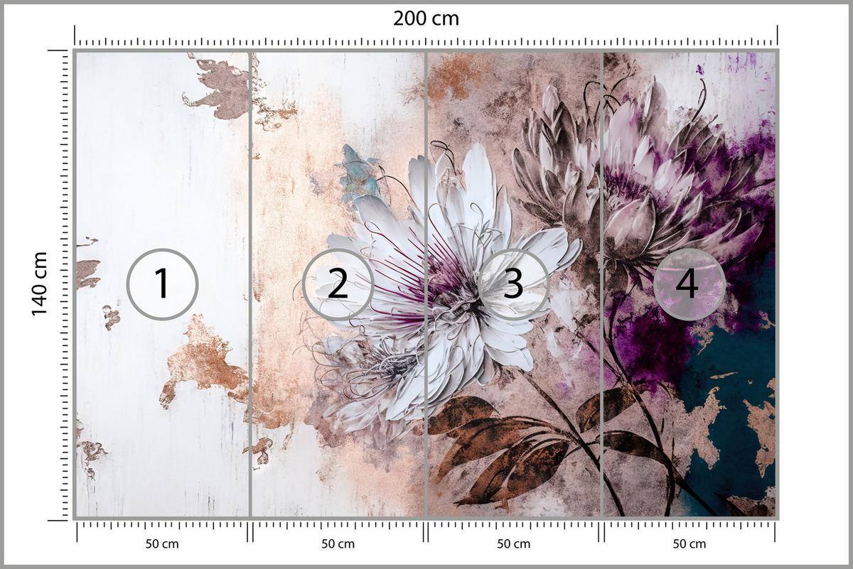 FOTOTAPETE für Wohnzimmer Blumen Blätter Abstraktion 200x140 - Beige/Violett, Papier (200/140cm) - Muralo