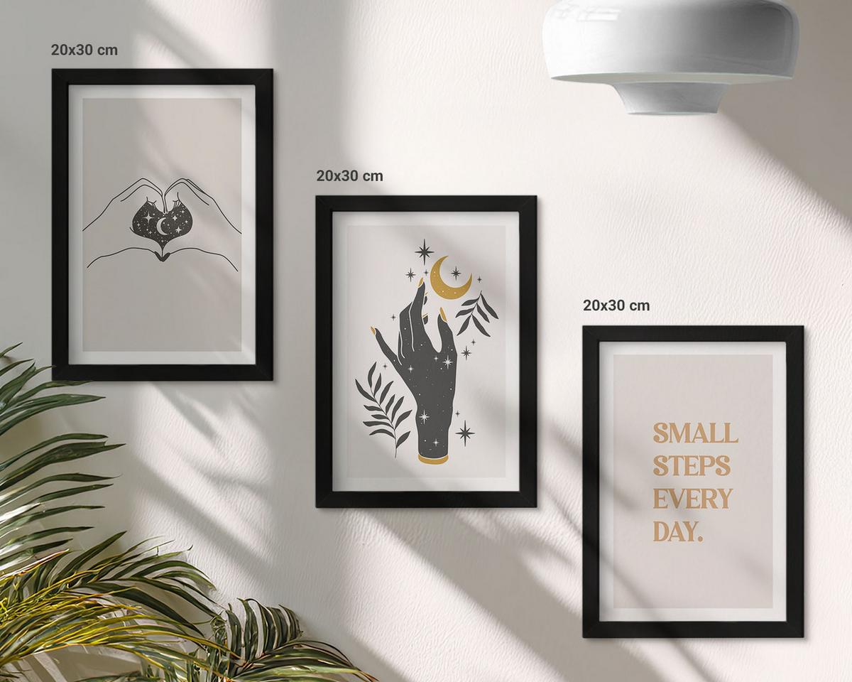 BILDER SET 3er Set - 20x30 cm Schwarzer Rahmen - Minimalistische Boho-Illustrationen - Schwarz, Kunststoff (20/30cm) - TULUP