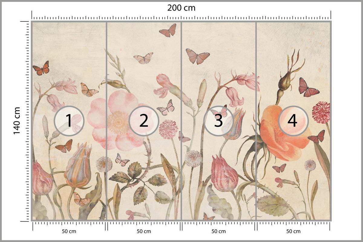 FOTOTAPETE für Kinderzimmer Wiesenblumen Aquarell Schmetterlinge Boho 200x140 - Beige/Rot, Papier (200/140cm) - Muralo