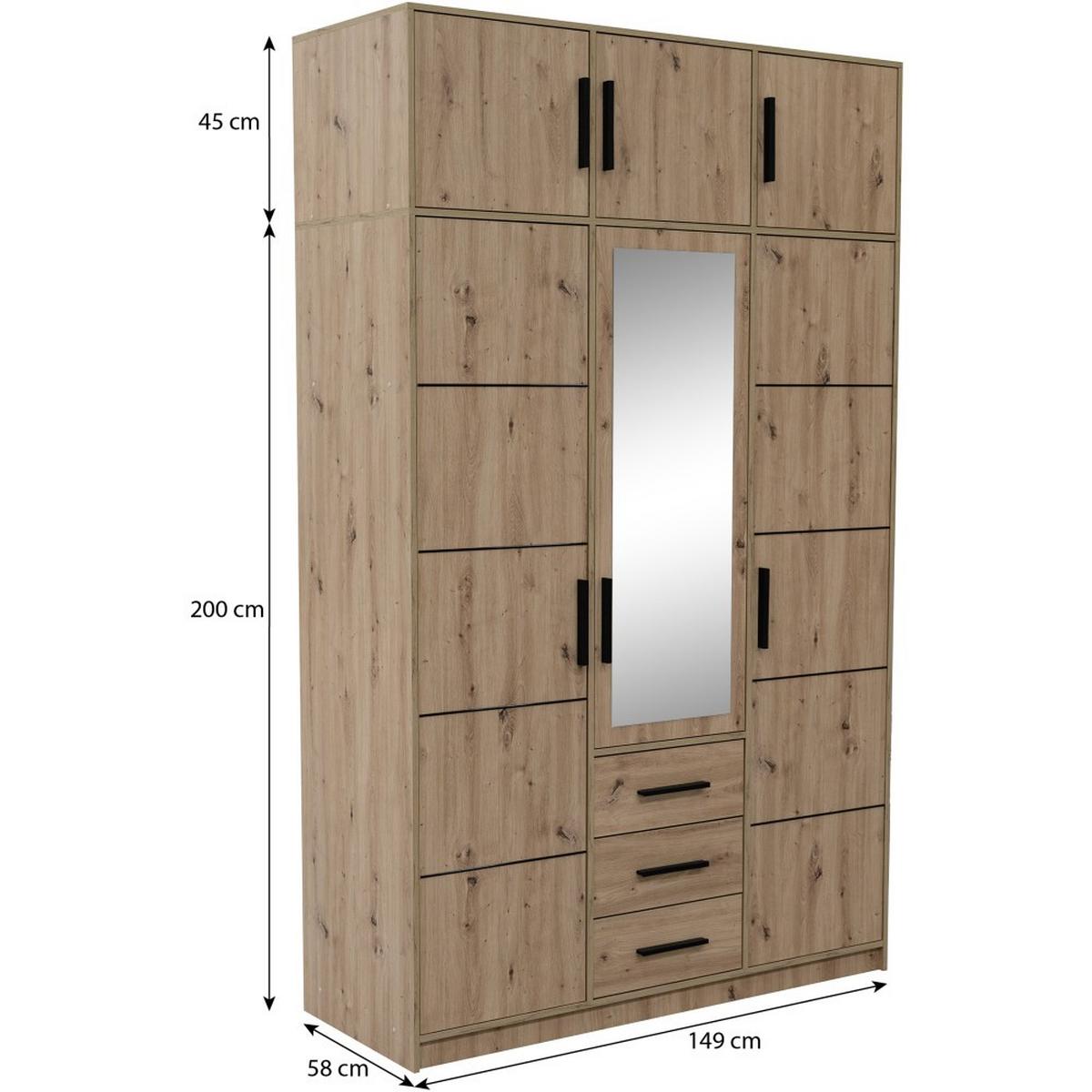 DREHTÜRENSCHRANK Kavo mit Aufsatz, Spiegel und 3 Türen, eiche Artisan - Schwarz/Eiche Artisan, Holzwerkstoff (150/245/58cm) - Beautysofa