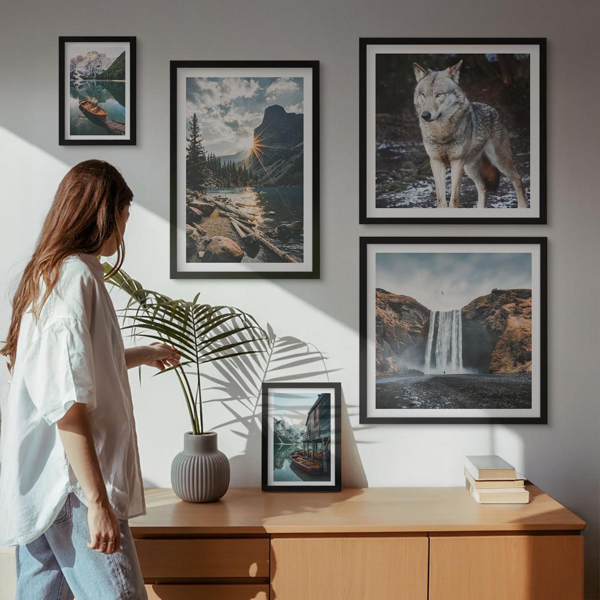 BILDER SET 5er Set - 50x50 cm & 20x30 cm & 40x60 cm Schwarzer Rahmen - Berge, Seen, Wasserfall, Wolf - Schwarz, Kunststoff (40/60cm) - TULUP