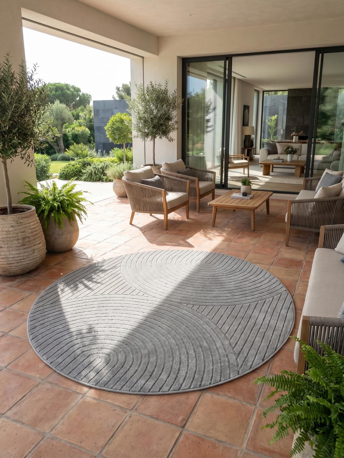 TEPPICH Outdoor ENGADIN in Silber, im Skandi-Stil mit 3D-Design, Ø 160 cm - Silberfarben, Textil (160/160cm) - KADIMA DESIGN
