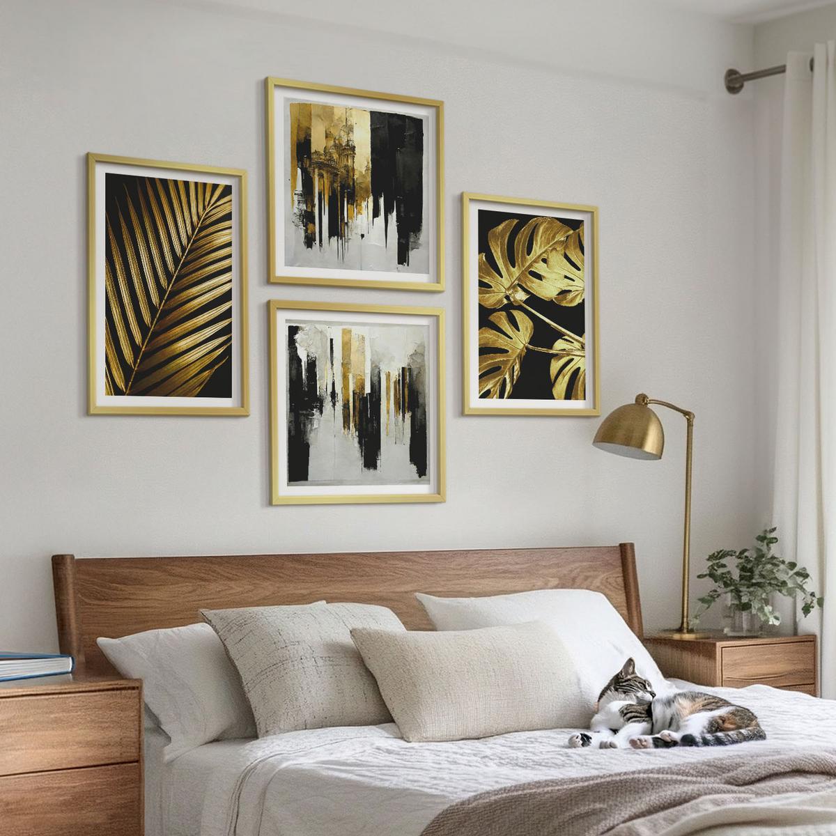 BILDER SET 4er Set - 50x50 cm & 40x60 cm Goldrahmen - Abstrakte Monstera-Palmenblätter - Goldfarben, Kunststoff (50/50cm) - TULUP