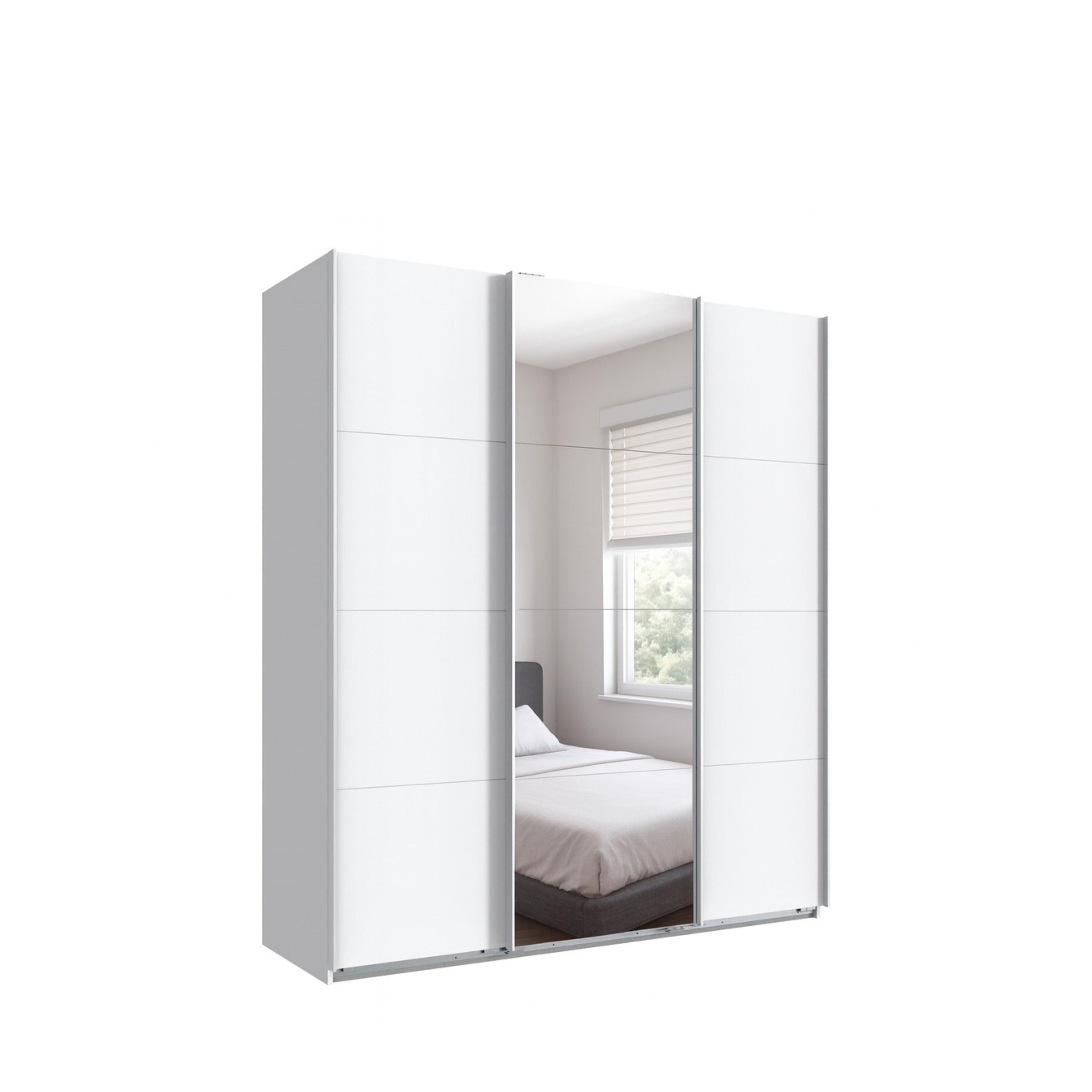 SCHWEBETÜRENSCHRANK 3-türig B180/H208/T64 cm in Weiß, Kleiderschrank mit einer Spiegeltür / 22511 - Weiß, Holzwerkstoff/Metall (180/208/64cm) - luma-home