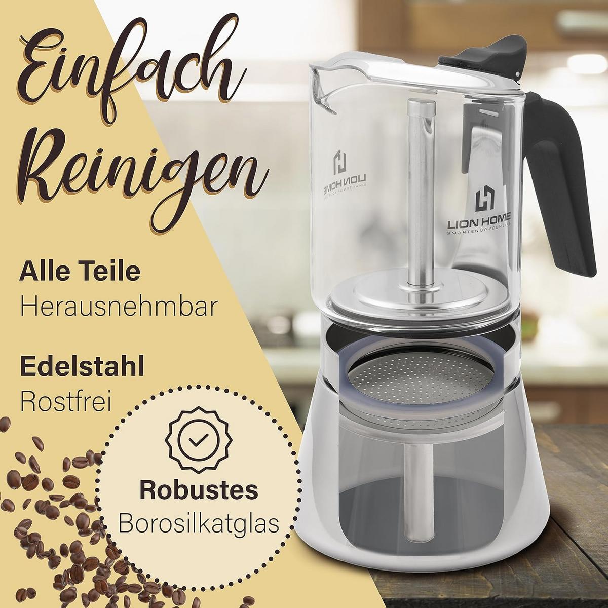 GLAS-ESPRESSOKOCHER - Edelstahlfarben, Glas (10/17/10cm) - Lion Home	