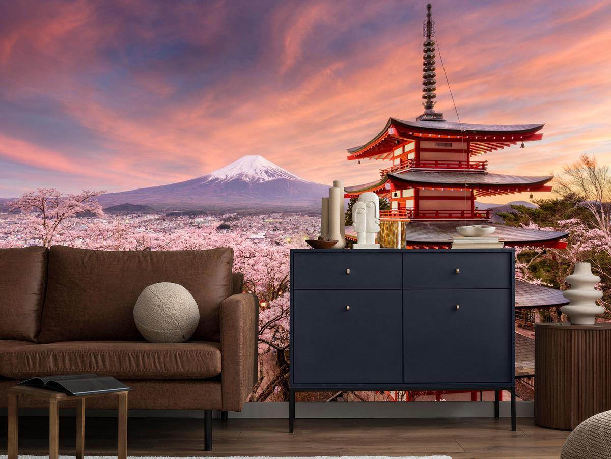 FOTOTAPETE Pagode Berg Fuji Sakura Landschaft 3D 100x70 - Rot/Violett, Papier (100/70cm) - Muralo