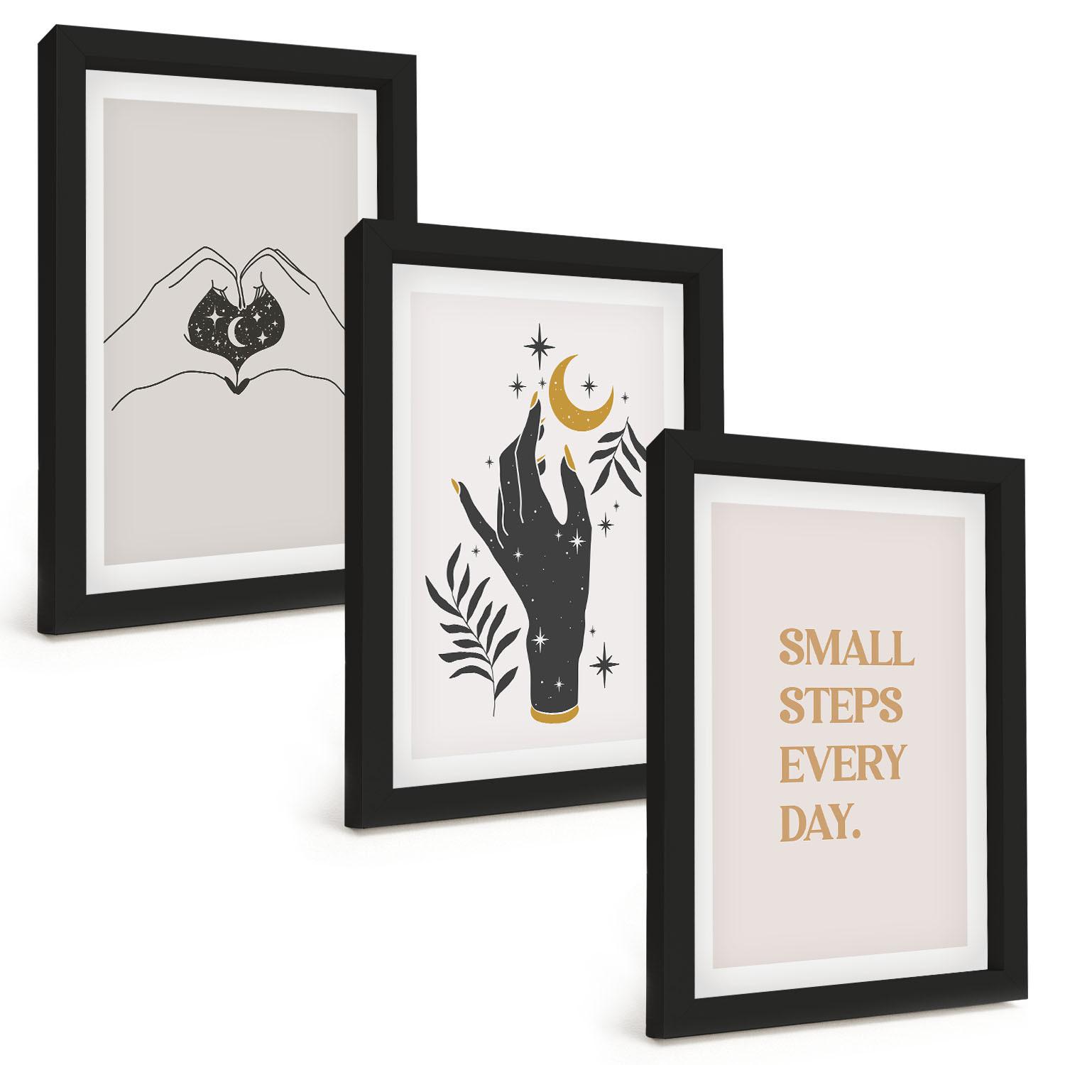 BILDER SET 3er Set - 20x30 cm Schwarzer Rahmen - Minimalistische Boho-Illustrationen - Schwarz, Kunststoff (20/30cm) - TULUP