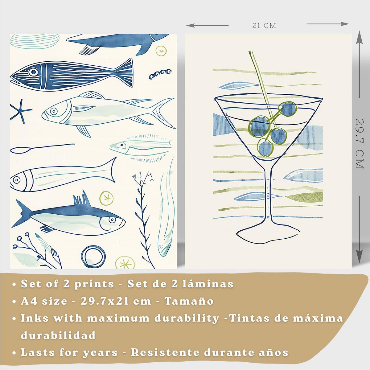 POSTER 2er Set Küchen-Wandbilder Fische Strichzeichnung und Martini Aquarell Minimalistisch Wanddeko Rahmenlos A4 - Beige, Papier (29.7/1/21cm) - Nacnic