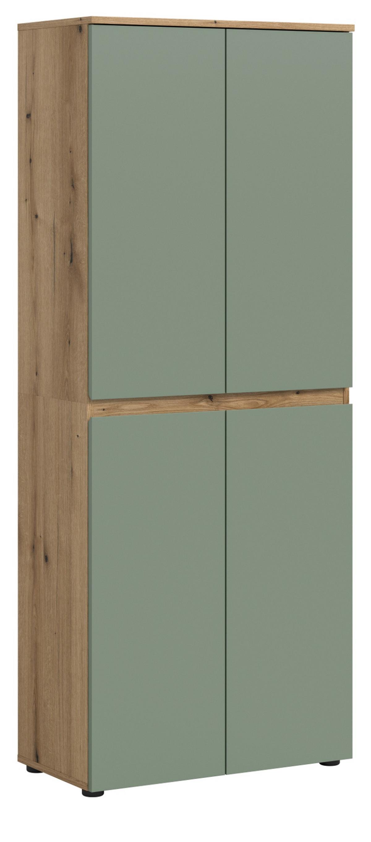 MEHRZWECKSCHRANK grün, Evoke Eiche 70 x 175 cm, Stauraumschrank 4-türig mit 9 Fächern - Eichefarben/Schwarz, Holzwerkstoff/Kunststoff (70/175/37cm) - Inn.Furn