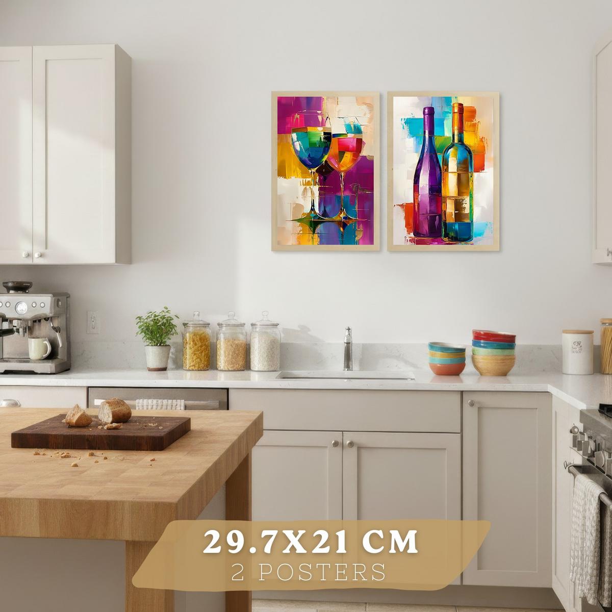 POSTER 2er Set Küchen-Wandbilder Weingläser und Flaschen Pop Art Bunt Abstrakt Esszimmer Wanddeko Leichter Holzrahmen A4 - Beige, Papier (29.7/1/21cm) - Nacnic